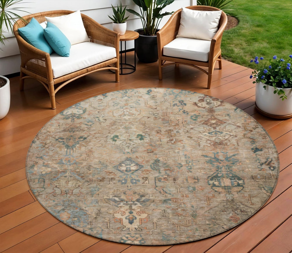 HomeRoots 8' Khaki and Gray Round Medallion Rug - Durable, Stylish, Washable Area Rug for Indoor & Outdoor Use 659170