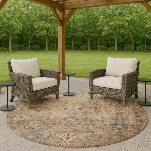 HomeRoots 8' Khaki and Gray Round Medallion Rug - Durable, Stylish, Washable Area Rug for Indoor & Outdoor Use 659170