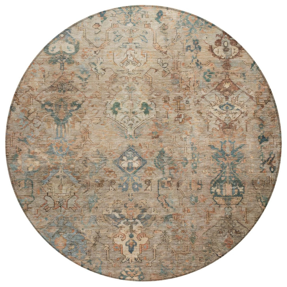 HomeRoots 8' Khaki and Gray Round Medallion Rug - Durable, Stylish, Washable Area Rug for Indoor & Outdoor Use 659170