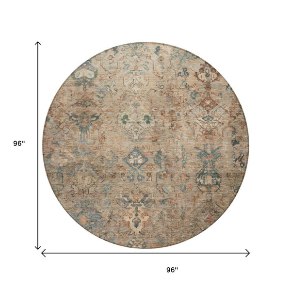 HomeRoots 8' Khaki and Gray Round Medallion Rug - Durable, Stylish, Washable Area Rug for Indoor & Outdoor Use 659170