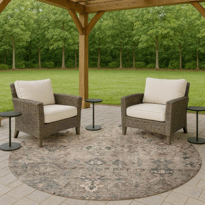 HomeRoots 8' Taupe and Gray Round Medallion Area Rug - Durable, Washable, Stylish Indoor Outdoor Decor Solution 659176