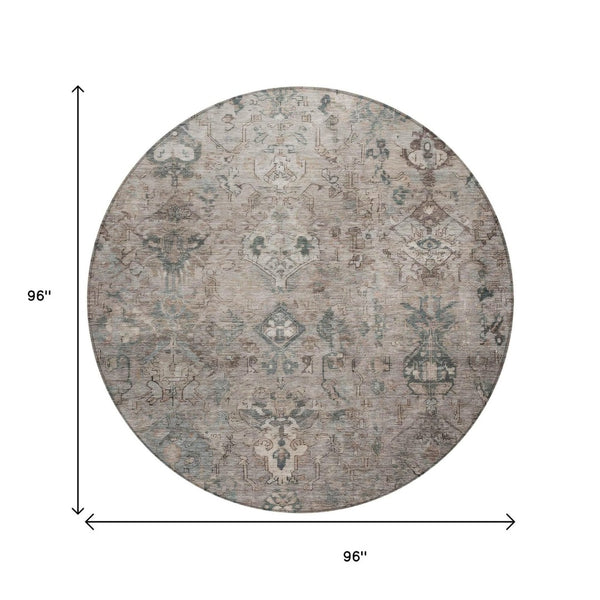 HomeRoots 8' Taupe and Gray Round Medallion Area Rug - Durable, Washable, Stylish Indoor Outdoor Decor Solution 659176
