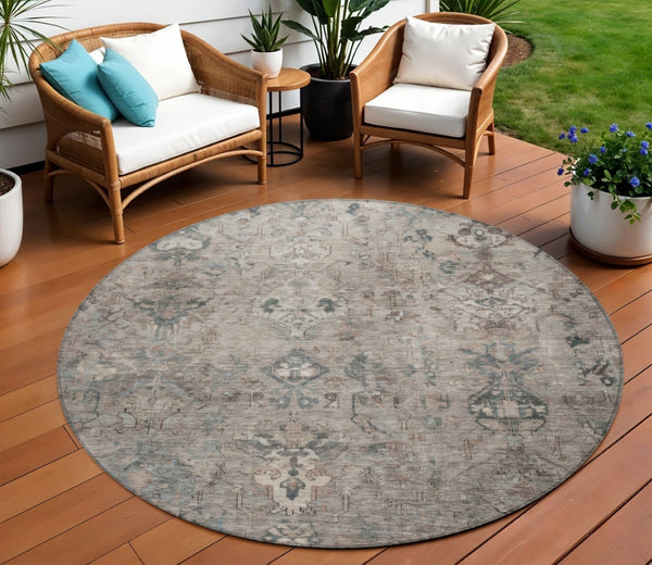 HomeRoots 8' Taupe and Gray Round Medallion Area Rug - Durable, Washable, Stylish Indoor Outdoor Decor Solution 659176