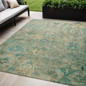 HomeRoots 5' X 8' Teal Blue & Beige Medallion Rug – Durable, Washable Area Rug for Indoor & Outdoor Use 659181