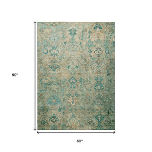 HomeRoots 5' X 8' Teal Blue & Beige Medallion Rug – Durable, Washable Area Rug for Indoor & Outdoor Use 659181