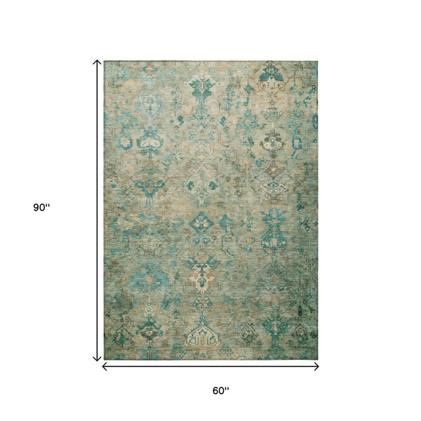 HomeRoots 5' X 8' Teal Blue & Beige Medallion Rug – Durable, Washable Area Rug for Indoor & Outdoor Use 659181