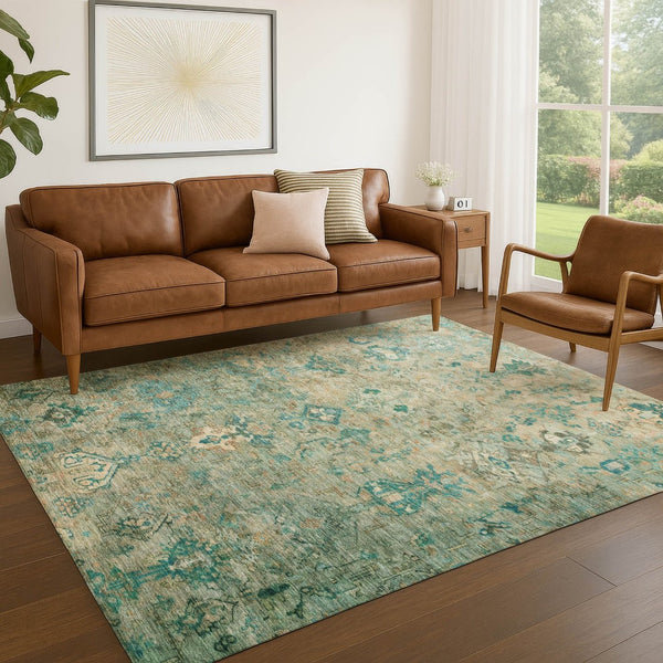 HomeRoots 5' X 8' Teal Blue & Beige Medallion Rug – Durable, Washable Area Rug for Indoor & Outdoor Use 659181