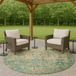 HomeRoots 8' Teal Blue & Beige Round Medallion Rug - Stylish, Durable, Washable for Indoor & Outdoor Use 659182
