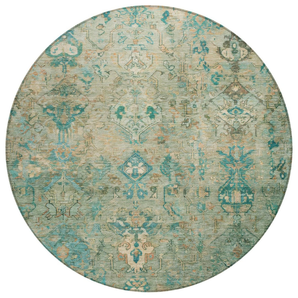 HomeRoots 8' Teal Blue & Beige Round Medallion Rug - Stylish, Durable, Washable for Indoor & Outdoor Use 659182