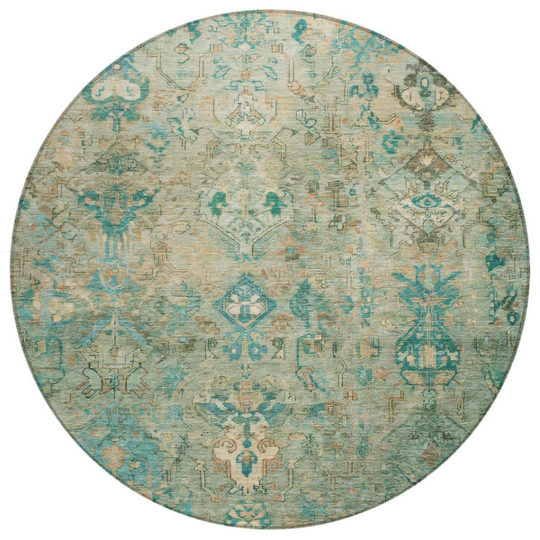 HomeRoots 8' Teal Blue & Beige Round Medallion Rug - Stylish, Durable, Washable for Indoor & Outdoor Use 659182