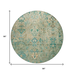HomeRoots 8' Teal Blue & Beige Round Medallion Rug - Stylish, Durable, Washable for Indoor & Outdoor Use 659182