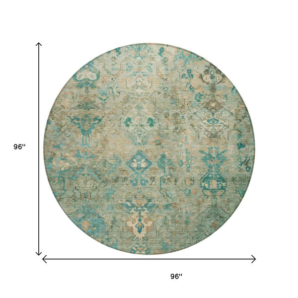 HomeRoots 8' Teal Blue & Beige Round Medallion Rug - Stylish, Durable, Washable for Indoor & Outdoor Use 659182