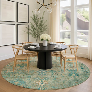 HomeRoots 8' Teal Blue & Beige Round Medallion Rug - Stylish, Durable, Washable for Indoor & Outdoor Use 659182