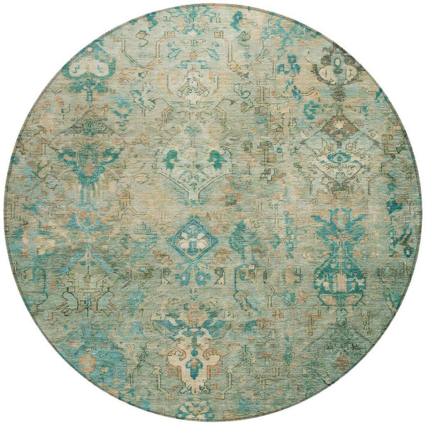 HomeRoots 8' Teal Blue & Beige Round Medallion Rug - Stylish, Durable, Washable for Indoor & Outdoor Use 659182