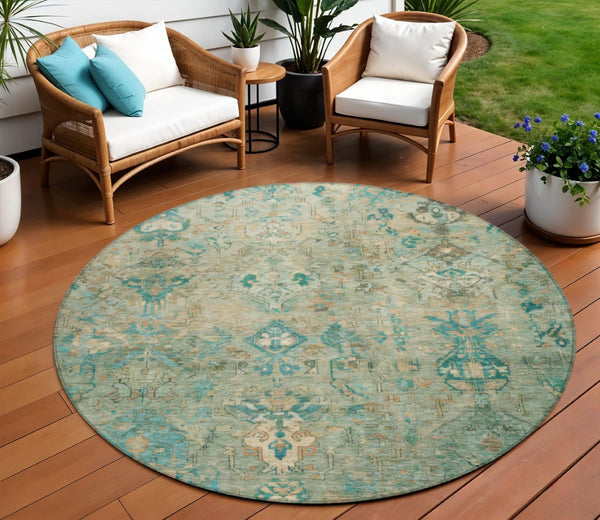 HomeRoots 8' Teal Blue & Beige Round Medallion Rug - Stylish, Durable, Washable for Indoor & Outdoor Use 659182