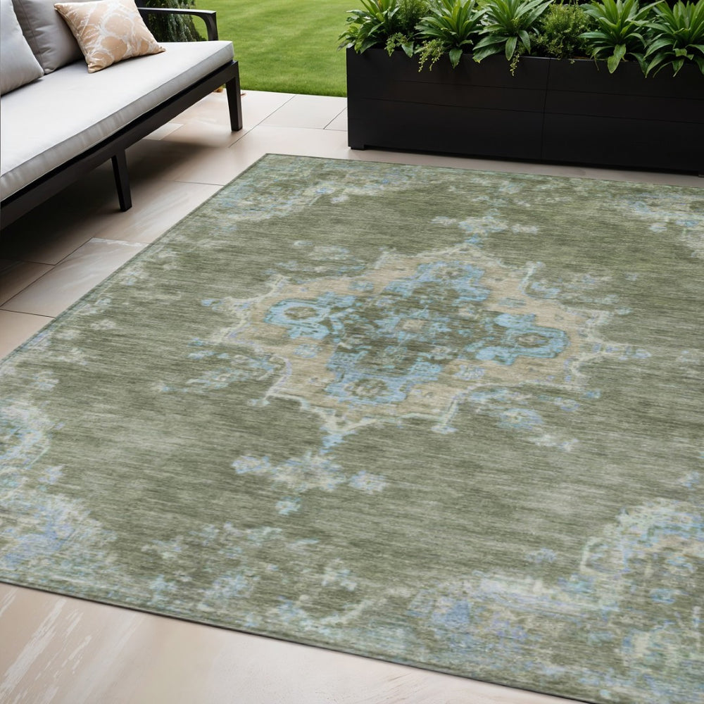 HomeRoots 5' X 8' Timeless Fern Green & Blue Medallion Area Rug – Washable, Indoor/Outdoor, Stain-Resistant! 659187
