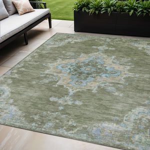 HomeRoots 5' X 8' Timeless Fern Green & Blue Medallion Area Rug – Washable, Indoor/Outdoor, Stain-Resistant! 659187