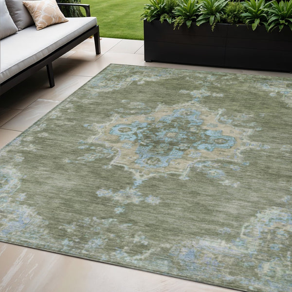 HomeRoots 5' X 8' Timeless Fern Green & Blue Medallion Area Rug – Washable, Indoor/Outdoor, Stain-Resistant! 659187