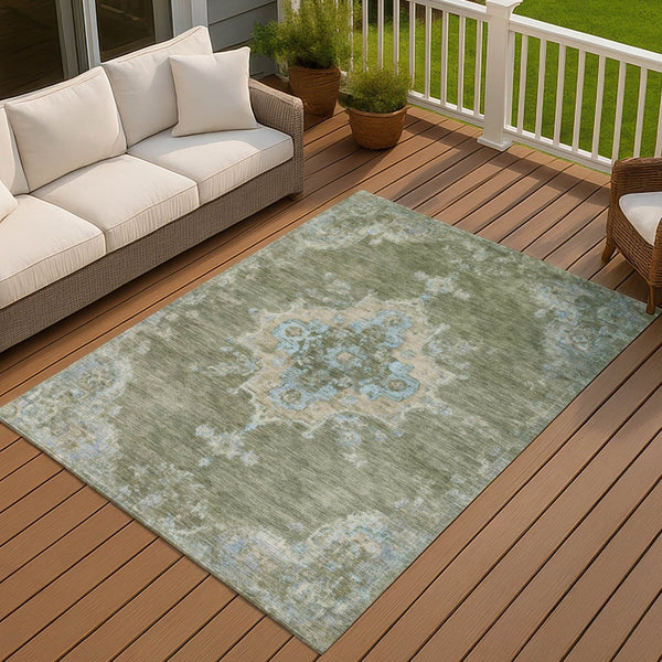 HomeRoots 5' X 8' Timeless Fern Green & Blue Medallion Area Rug – Washable, Indoor/Outdoor, Stain-Resistant! 659187