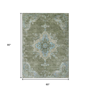 HomeRoots 5' X 8' Timeless Fern Green & Blue Medallion Area Rug – Washable, Indoor/Outdoor, Stain-Resistant! 659187