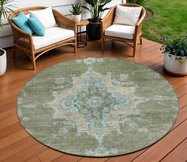 HomeRoots 8' Stylish Fern Green & Blue Round Medallion Washable Rug for Indoor/Outdoor Areas, Durable & Chic 659188