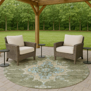 HomeRoots 8' Stylish Fern Green & Blue Round Medallion Washable Rug for Indoor/Outdoor Areas, Durable & Chic 659188