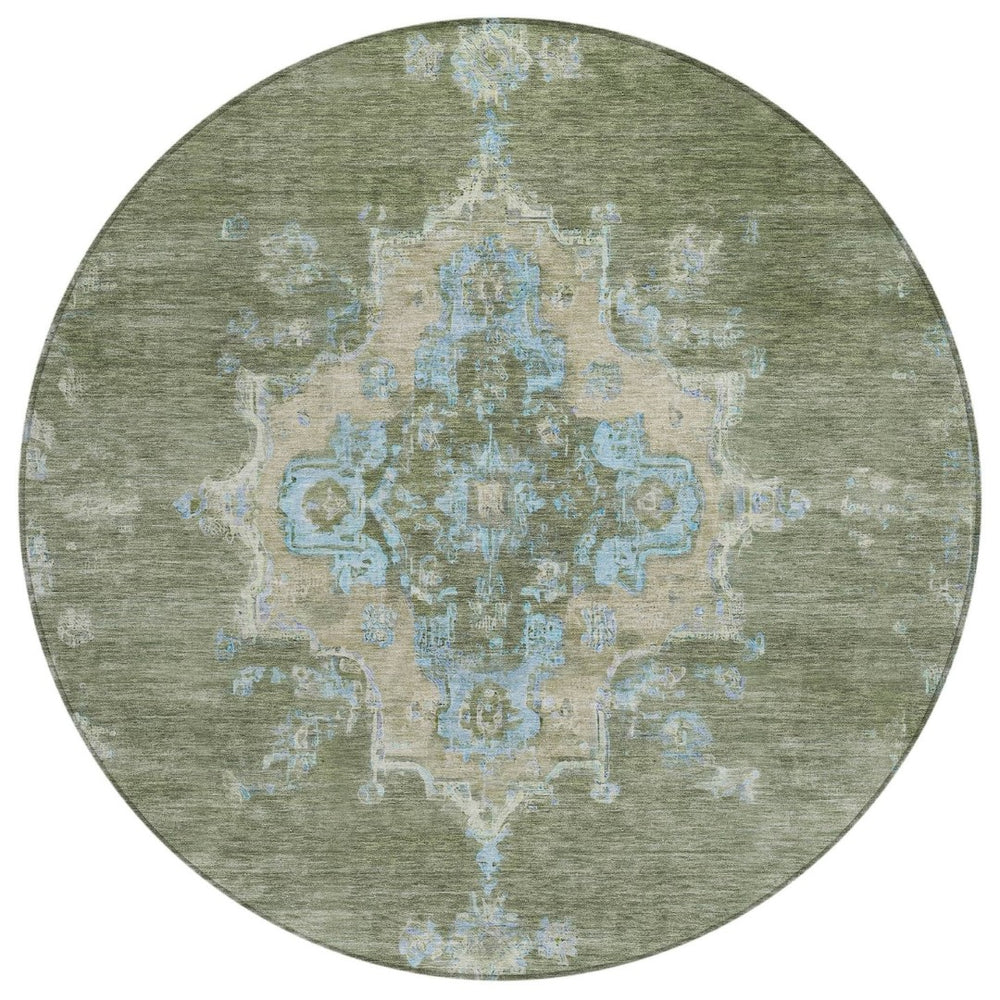 HomeRoots 8' Stylish Fern Green & Blue Round Medallion Washable Rug for Indoor/Outdoor Areas, Durable & Chic 659188