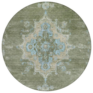 HomeRoots 8' Stylish Fern Green & Blue Round Medallion Washable Rug for Indoor/Outdoor Areas, Durable & Chic 659188