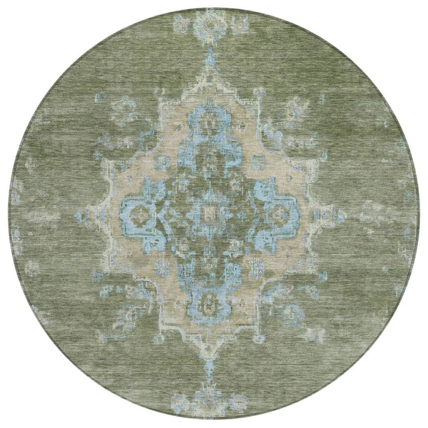 HomeRoots 8' Stylish Fern Green & Blue Round Medallion Washable Rug for Indoor/Outdoor Areas, Durable & Chic 659188