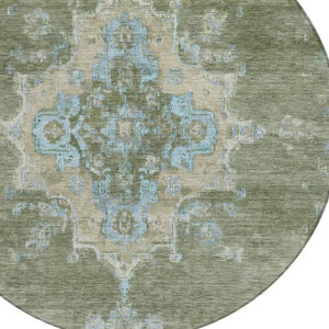 HomeRoots 8' Stylish Fern Green & Blue Round Medallion Washable Rug for Indoor/Outdoor Areas, Durable & Chic 659188