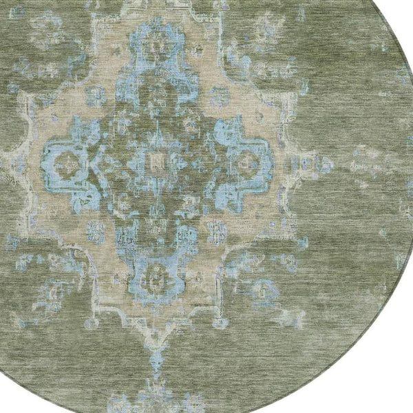 HomeRoots 8' Stylish Fern Green & Blue Round Medallion Washable Rug for Indoor/Outdoor Areas, Durable & Chic 659188
