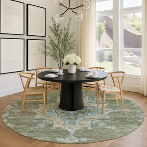 HomeRoots 8' Stylish Fern Green & Blue Round Medallion Washable Rug for Indoor/Outdoor Areas, Durable & Chic 659188