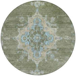 HomeRoots 8' Stylish Fern Green & Blue Round Medallion Washable Rug for Indoor/Outdoor Areas, Durable & Chic 659188