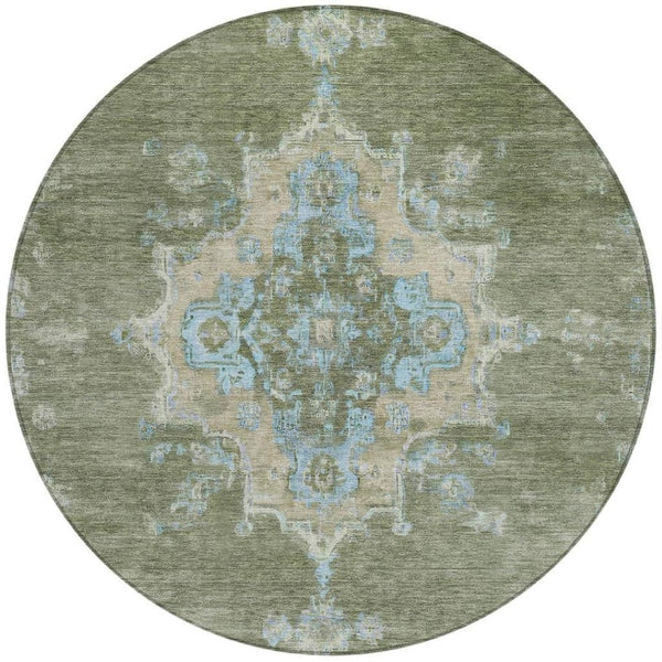 HomeRoots 8' Stylish Fern Green & Blue Round Medallion Washable Rug for Indoor/Outdoor Areas, Durable & Chic 659188