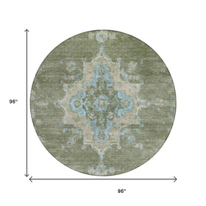 HomeRoots 8' Stylish Fern Green & Blue Round Medallion Washable Rug for Indoor/Outdoor Areas, Durable & Chic 659188
