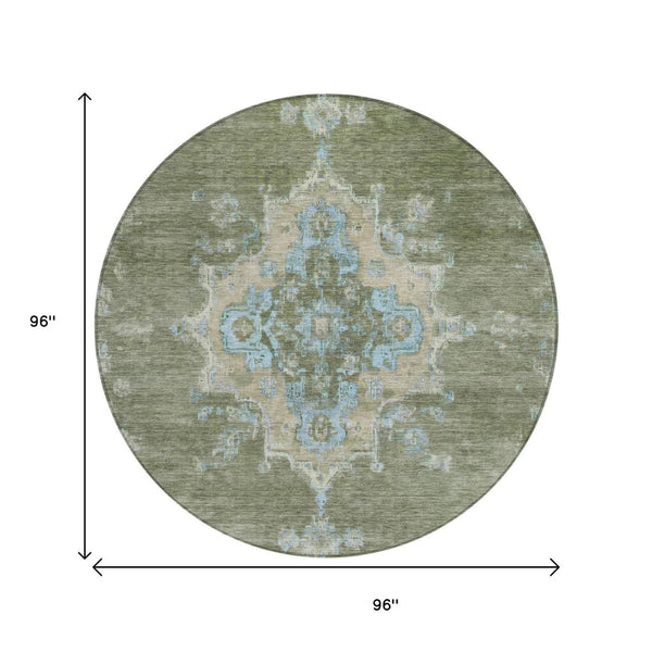 HomeRoots 8' Stylish Fern Green & Blue Round Medallion Washable Rug for Indoor/Outdoor Areas, Durable & Chic 659188