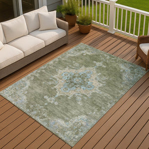 HomeRoots 8' X 10' Washable Fern Green & Blue Medallion Area Rug - Durable Indoor/Outdoor Style for Any Space! 659189