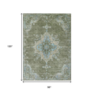 HomeRoots 8' X 10' Washable Fern Green & Blue Medallion Area Rug - Durable Indoor/Outdoor Style for Any Space! 659189