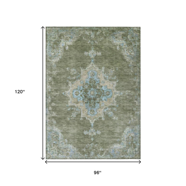 HomeRoots 8' X 10' Washable Fern Green & Blue Medallion Area Rug - Durable Indoor/Outdoor Style for Any Space! 659189