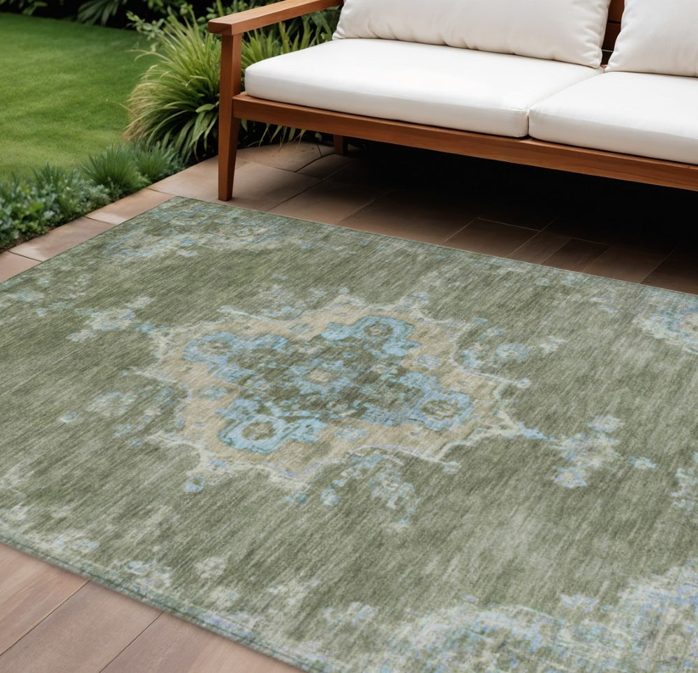 HomeRoots 9' X 12' Stylish Fern Green & Blue Medallion Area Rug - Durable, Washable for Indoor/Outdoor Use! 659190