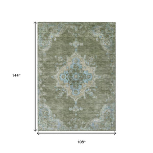 HomeRoots 9' X 12' Stylish Fern Green & Blue Medallion Area Rug - Durable, Washable for Indoor/Outdoor Use! 659190