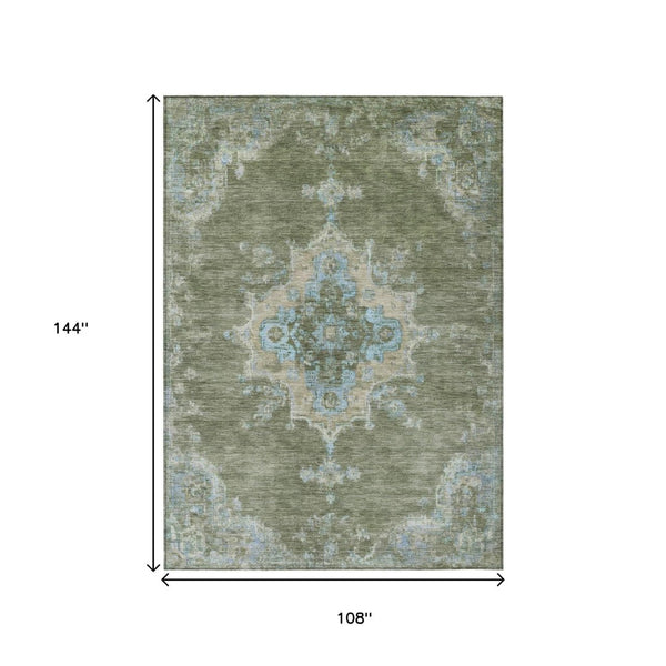 HomeRoots 9' X 12' Stylish Fern Green & Blue Medallion Area Rug - Durable, Washable for Indoor/Outdoor Use! 659190