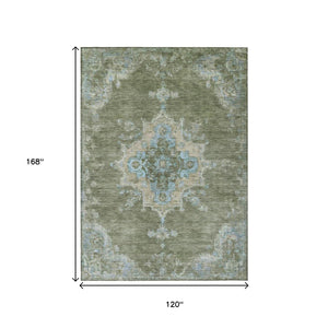 HomeRoots 10' X 14' Fern Green & Blue Medallion Area Rug - Durable, Washable, Indoor/Outdoor Style & Comfort 659191