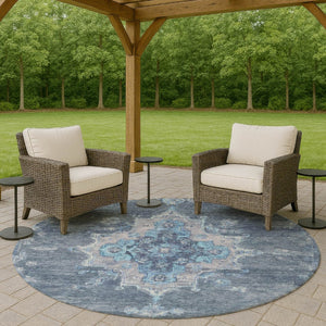 HomeRoots 8' Blue and Gray Round Medallion Rug - Washable Indoor/Outdoor Area Rug for Stylish Living Spaces 659194