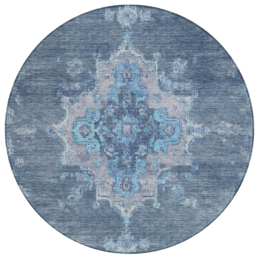 HomeRoots 8' Blue and Gray Round Medallion Rug - Washable Indoor/Outdoor Area Rug for Stylish Living Spaces 659194