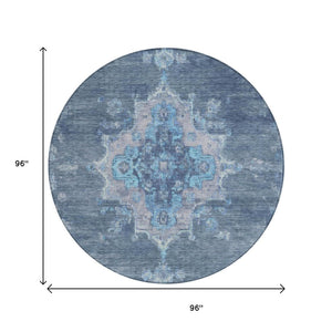 HomeRoots 8' Blue and Gray Round Medallion Rug - Washable Indoor/Outdoor Area Rug for Stylish Living Spaces 659194