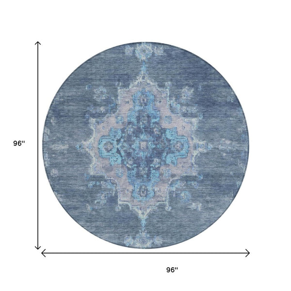 HomeRoots 8' Blue and Gray Round Medallion Rug - Washable Indoor/Outdoor Area Rug for Stylish Living Spaces 659194
