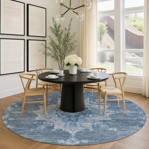 HomeRoots 8' Blue and Gray Round Medallion Rug - Washable Indoor/Outdoor Area Rug for Stylish Living Spaces 659194