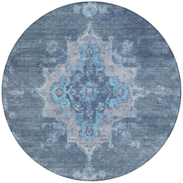 HomeRoots 8' Blue and Gray Round Medallion Rug - Washable Indoor/Outdoor Area Rug for Stylish Living Spaces 659194