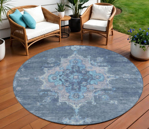 HomeRoots 8' Blue and Gray Round Medallion Rug - Washable Indoor/Outdoor Area Rug for Stylish Living Spaces 659194